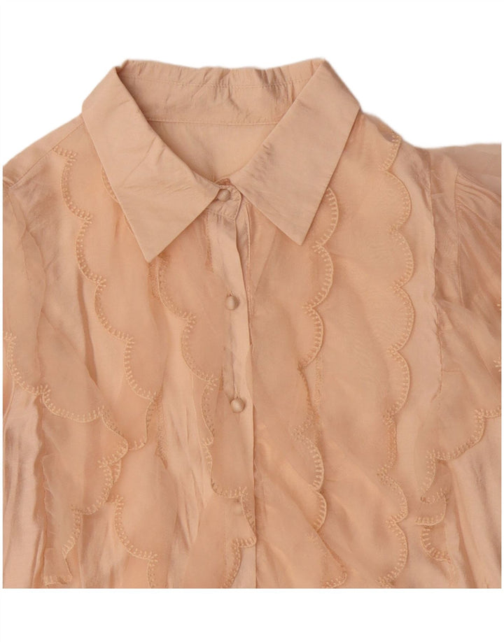 Vintage Womens Crop Ruffle Front Shirt Bluse UK 14 Medium Beige Viscose