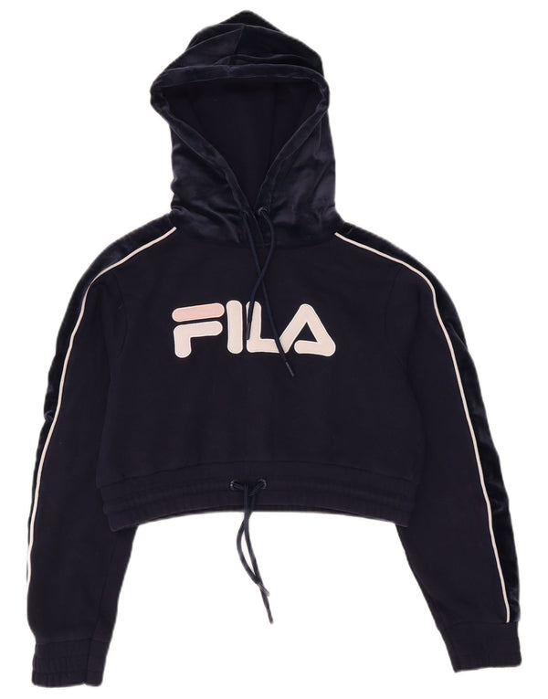 Fila Womens Crop Graphic Hoodie Jumper UK 6 XS Marineblå Bomuld