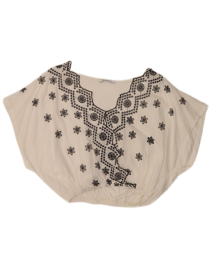 Zara Batwing Bluse Top UK 10 Small White Floral Bomuld