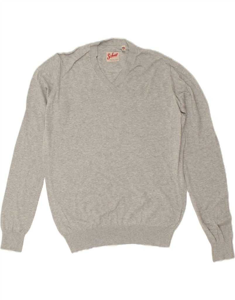 SCHOTT Mens V-Neck Jumper Sweater XL Grey Cotton Vintage Schott and Second-Hand Schott from Messina Hembry 
