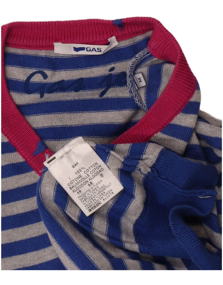 Gas Herre V-hals sweater mellemblå stribet bomuld