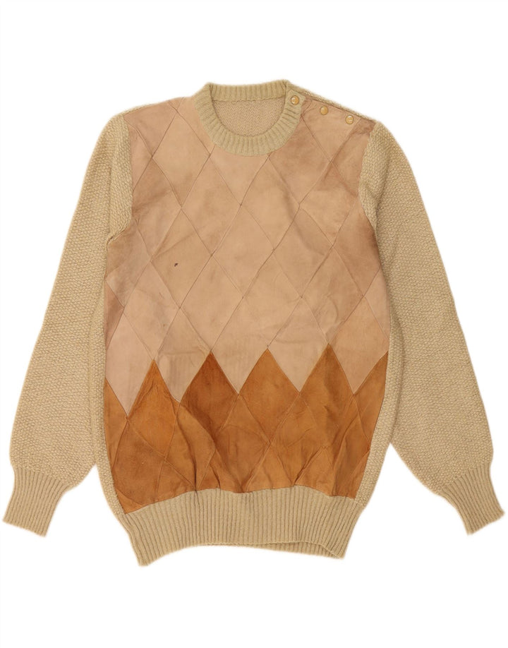 VINTAGE Mens Crew Neck Jumper Sweater Medium Beige Argyle/Diamond Vintage Vintage and Second-Hand Vintage from Messina Hembry 