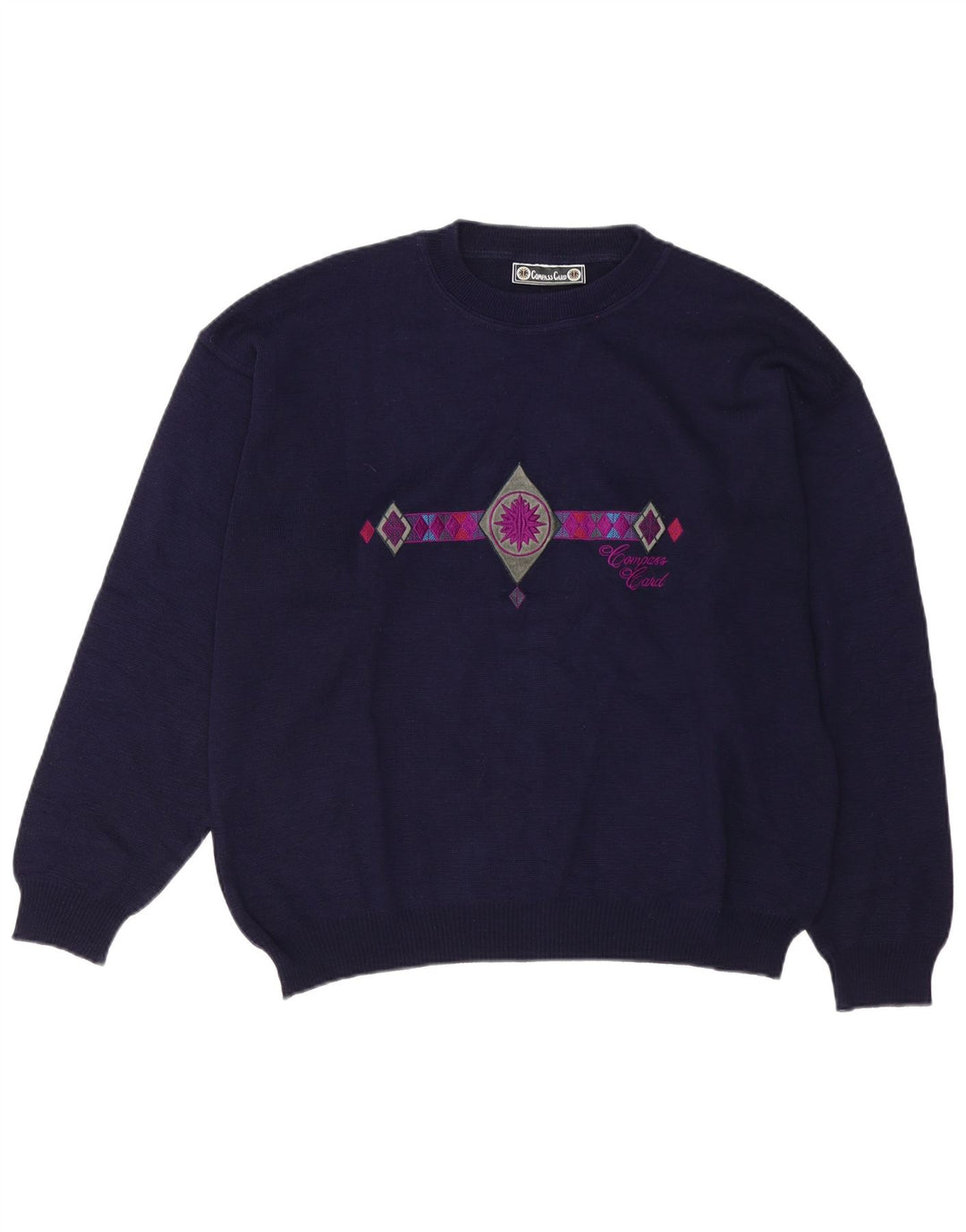 KOMPAS KORT Herre grafisk rund hals sweater stor marineblå uld