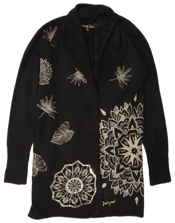 Desigual Dame Oversized Longline Cardigan Sweater UK 6 XS Black Floral