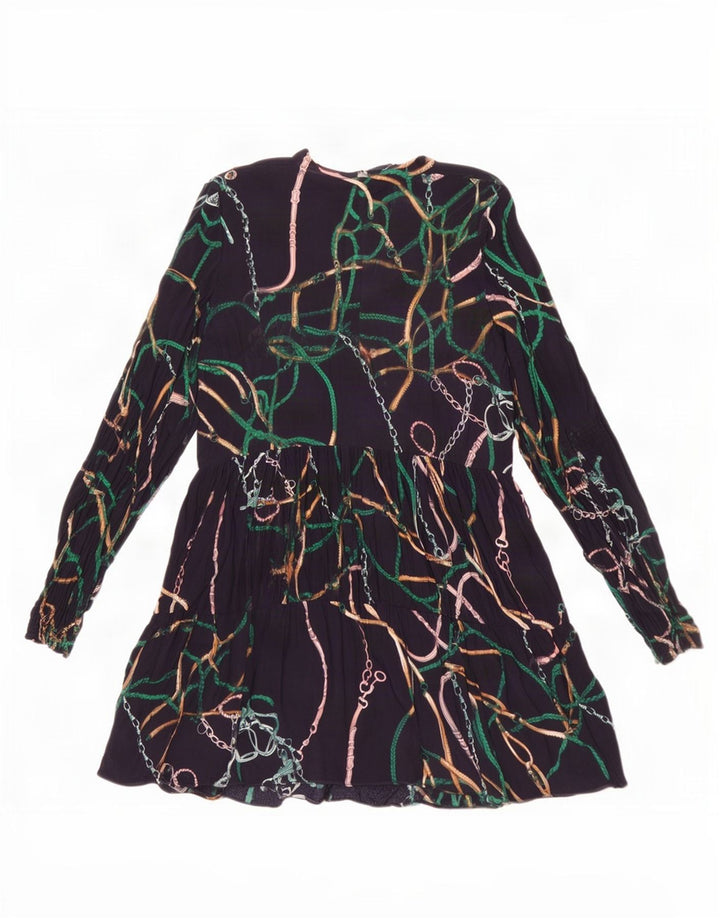 Zara Dame Abstrakt Mønster Langærmet Tiered Kjole UK 16 Large Navy Blue