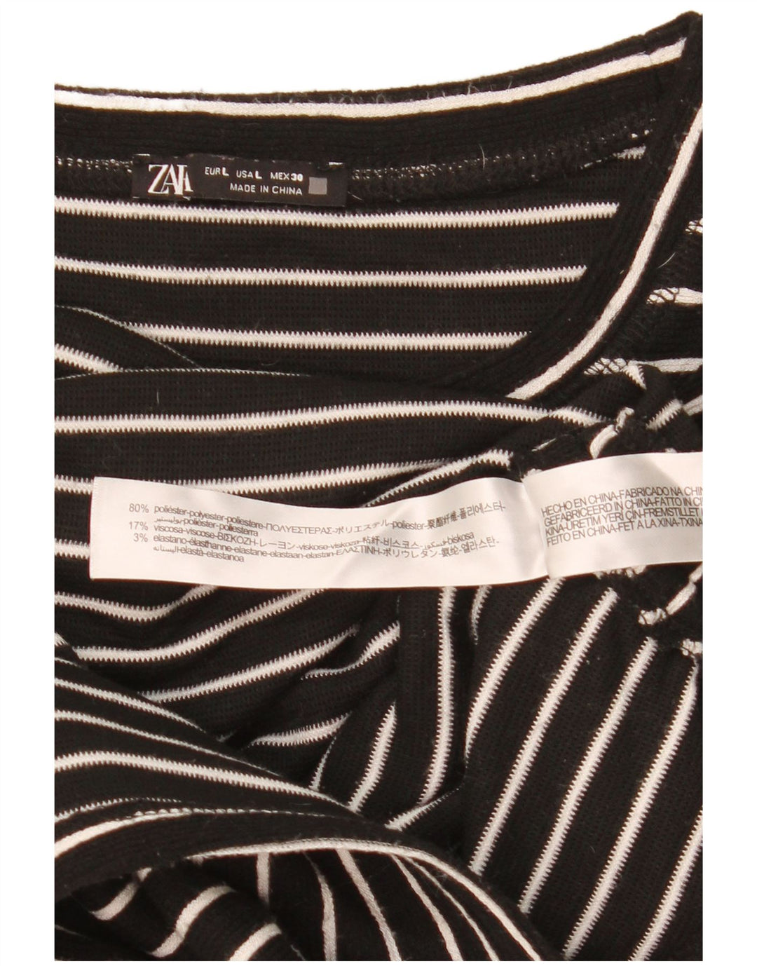 Zara Womens Crop Top Langærmet UK 16 Stor sortstribet polyester