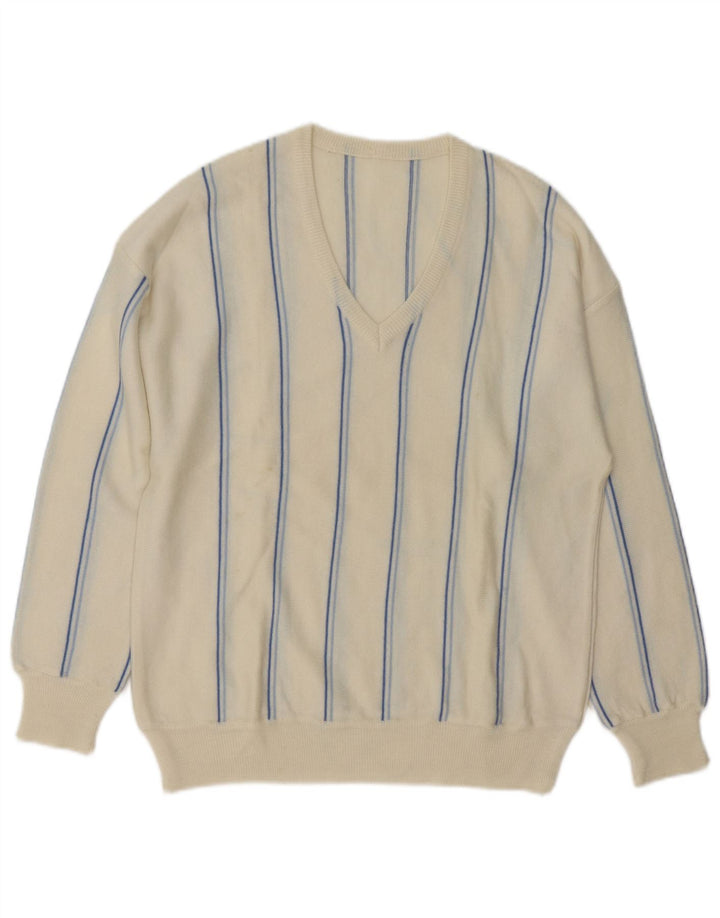 VINTAGE Herre V-hals sweater Medium Off White stribet