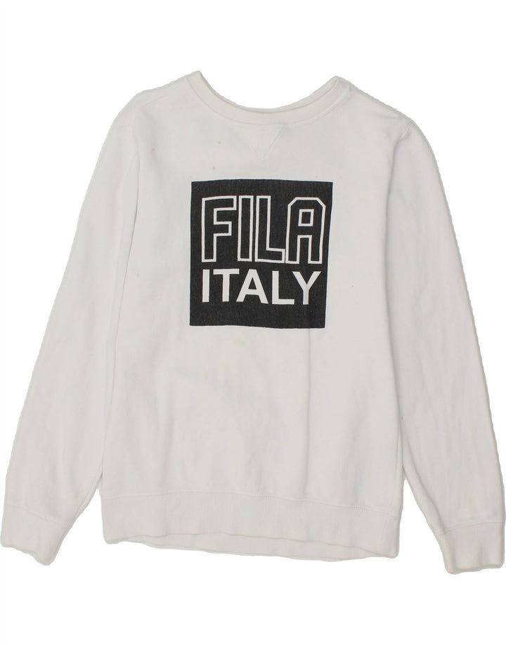 FILA Womens Graphic Sweatshirt Jumper UK 10 Small White Cotton Vintage Fila and Second-Hand Fila from Messina Hembry 
