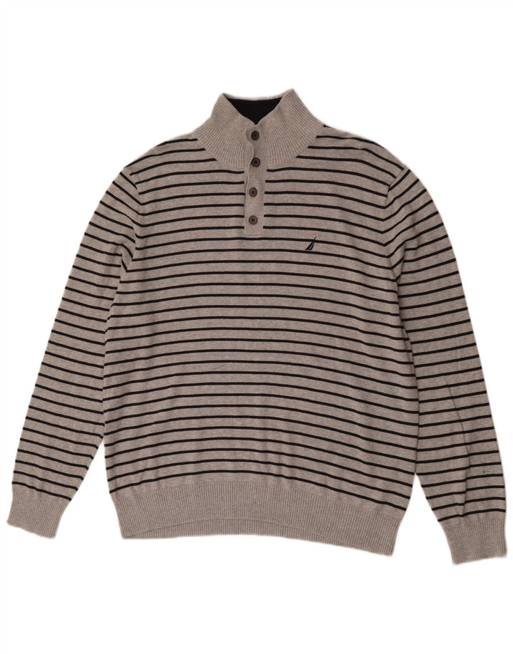 Nautica Herre Button Neck Jumper Sweater Stor grå stribet bomuld