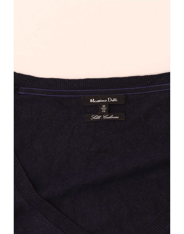Massimo Dutti Dame V-hals sweater UK 12 Medium Navy Blue Silke