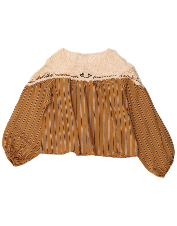 Zara Womens Crop Langærmet Bluse Top UK 14 Medium Beige Colourblock