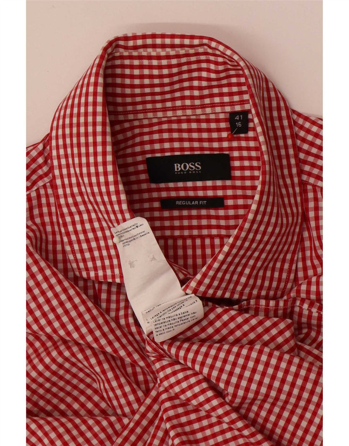 Hugo Boss Herre Regular Fit skjorte str. 41 16 Large Red Gingham Cotton