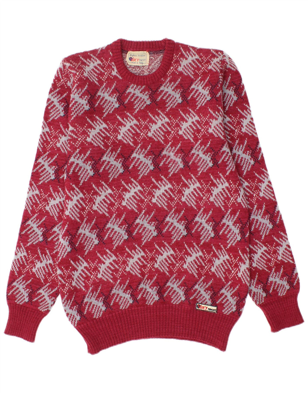 Viky Tricot Herre Crew Neck Jumper Sweater Lille Rød Geometrisk Virgin Wool
