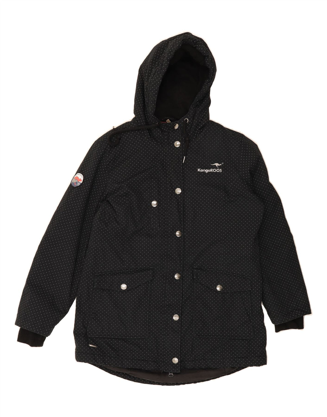 KANGAROOS Womens Hooded Parka Jacket UK 20 2XL Black Spotted Polyester Vintage Kangaroos and Second-Hand Kangaroos from Messina Hembry 