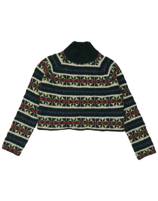 Scout Womens Crop Turtle Neck Jumper Sweater UK 10 Small Green Fair Isle