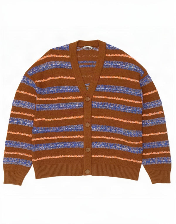Zara herre cardigan sweater Medium brun stribet bomuld