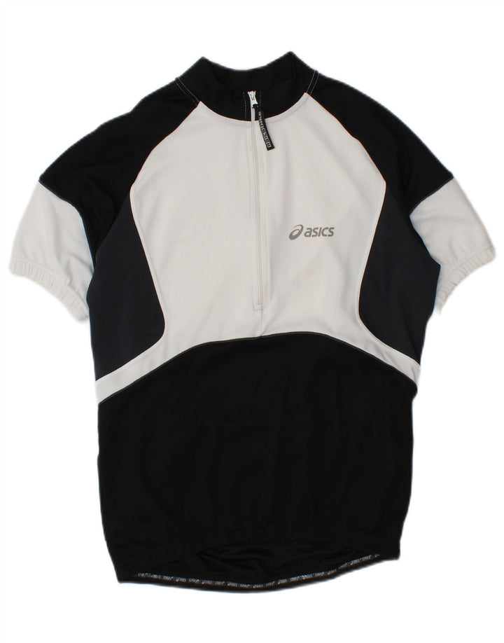 ASICS Mens Cycling Zip Neck T-Shirt Top Large Black Colourblock Polyester Vintage Asics and Second-Hand Asics from Messina Hembry 