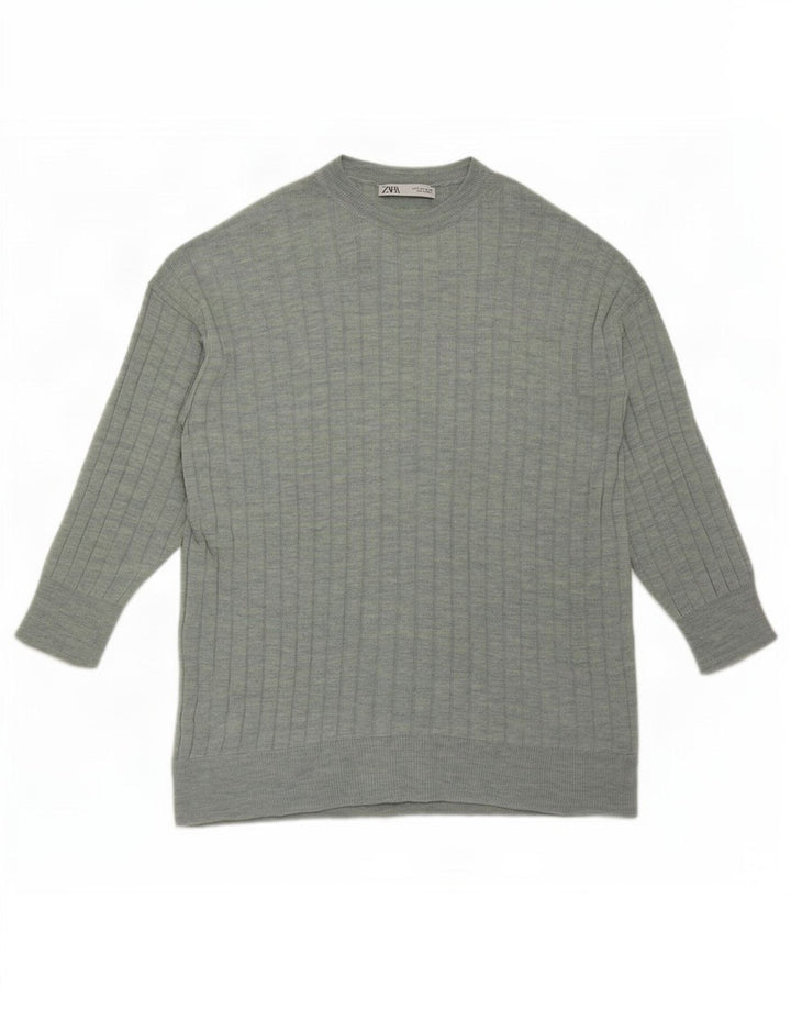 Zara Dame Oversized Crew Neck Jumper Sweater UK 10 Small Green Flecked