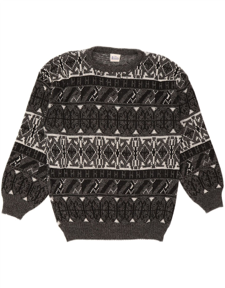 VINTAGE Mens Crew Neck Jumper Sweater Medium Grey Geometric Acrylic Vintage Vintage and Second-Hand Vintage from Messina Hembry 