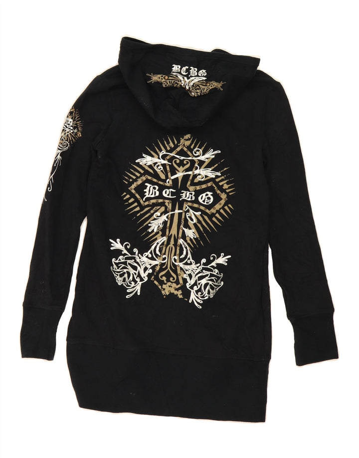 BCBGMAXAZRIA Womens Longline Graphic Zip Hoodie Sweater UK 12 Medium Black Vintage BCBGMAXAZRIA and Second-Hand BCBGMAXAZRIA from Messina Hembry 