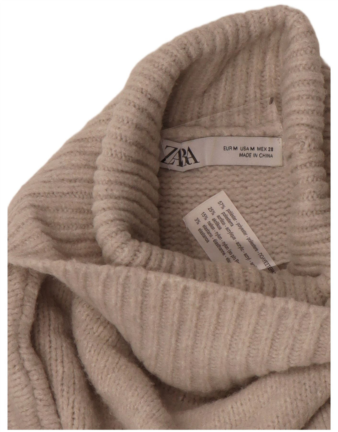 Zara Dame Oversized Roll Neck Jumper Sweater UK 14 Medium Beige Polyester