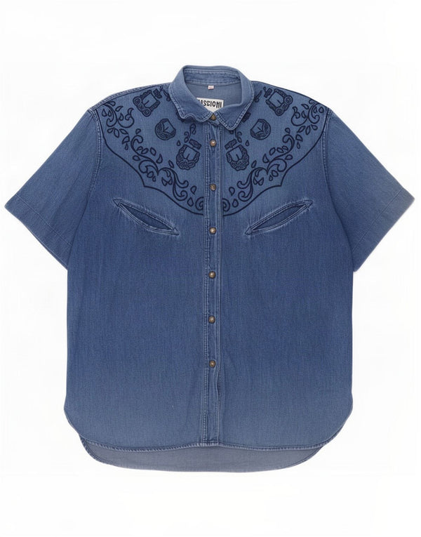 Moschino Womens Short Sleeve Denim Shirt UK 14 Medium Blue Paisley