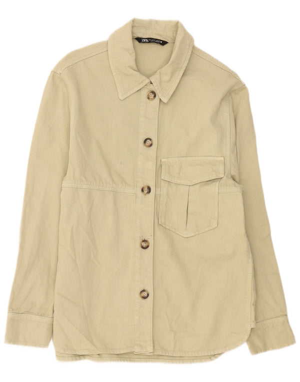 Zara Dame Oversized Denim Shirt UK 10 Small Beige Bomuld