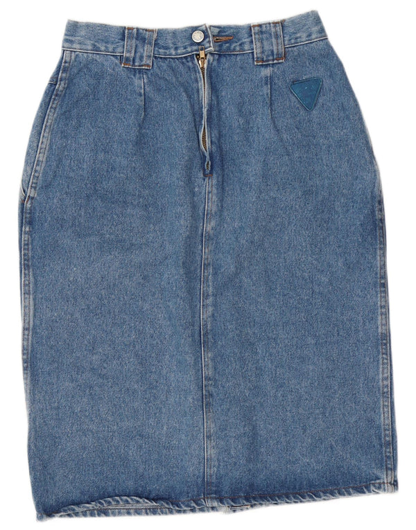 Vintage kvinders højtaljet denimnederdel IT 46 Large Blue Floral Bomuld