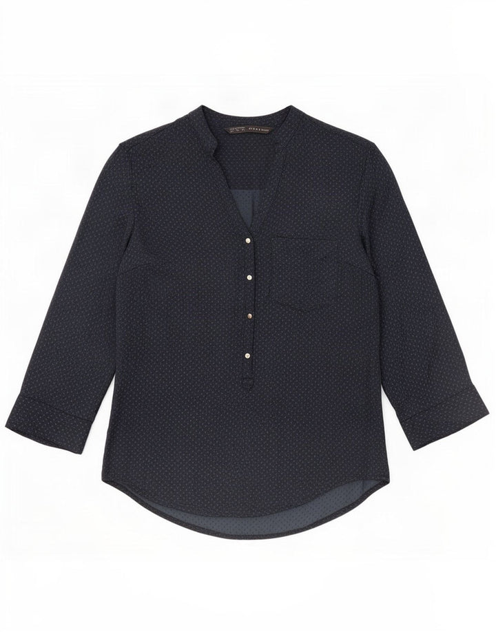Zara Dame 3/4 ærmet bluse Top UK 14 Medium Navy Blue Plettet