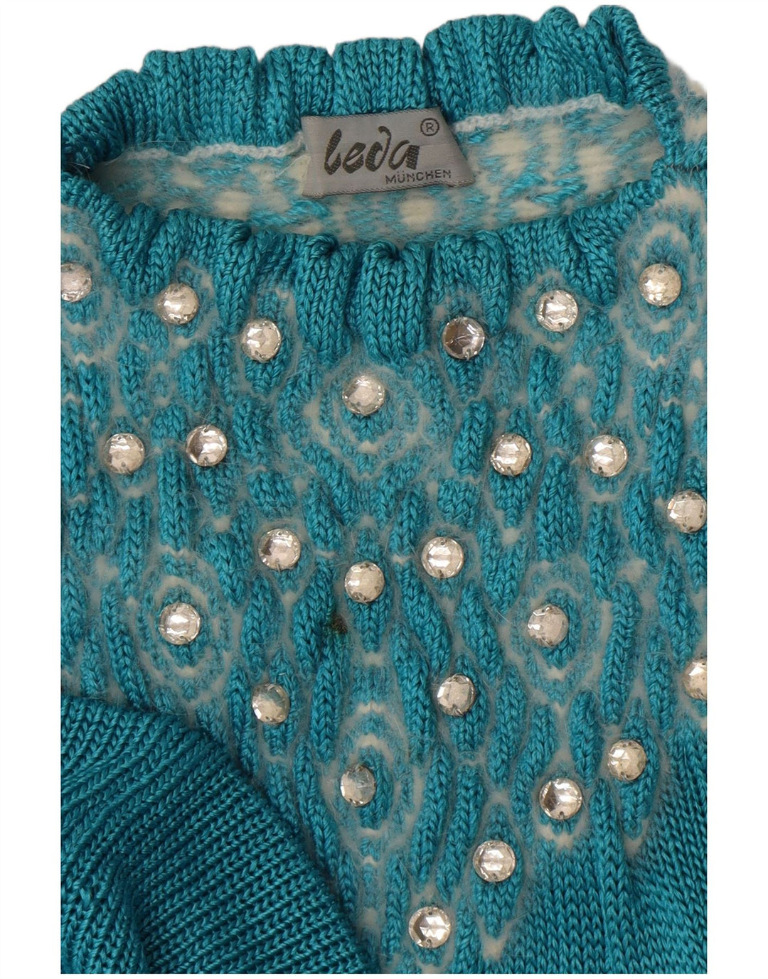 Vintage kvinders abstrakt mønster rund hals sweater UK 14 stor blå