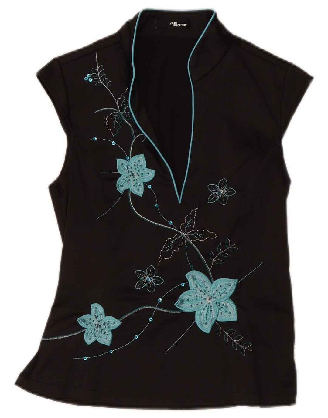Jane Norman Damebluse Top UK 12 Medium Black Floral Polyester