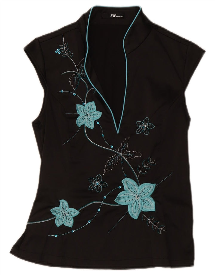 Jane Norman Damebluse Top UK 12 Medium Black Floral Polyester