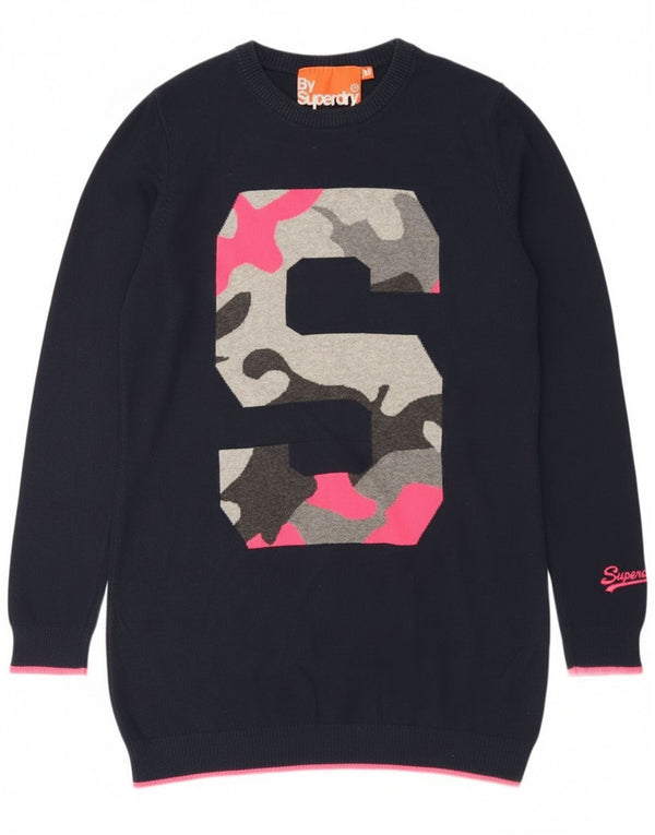 Superdry Womens Longline Crew Neck Jumper Sweater UK 12 Medium Navy Blue