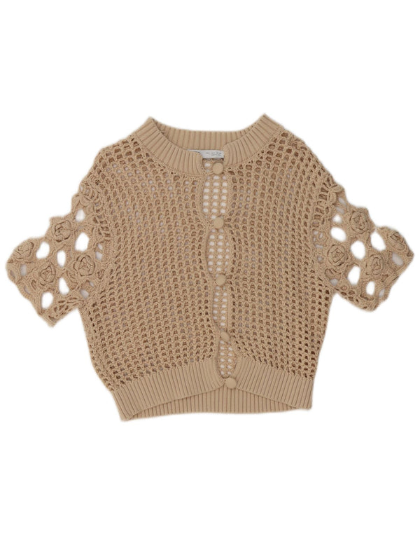 Zara Dame Kortærmet Se Through Cardigan Sweater UK 16 Large Beige