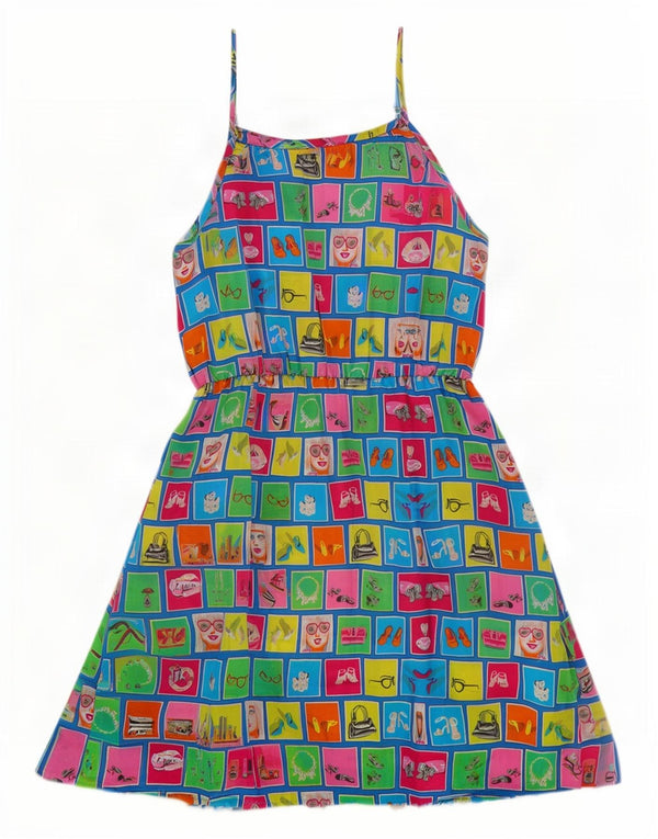 Vintage Kvinders Grafisk Sundress UK 14 Stor Flerfarvet Patchwork Bomuld