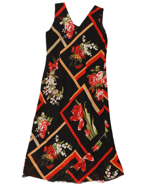 Vintage Kvinders Ærmeløs A-Line Kjole UK 14 Large Black Floral Viscose