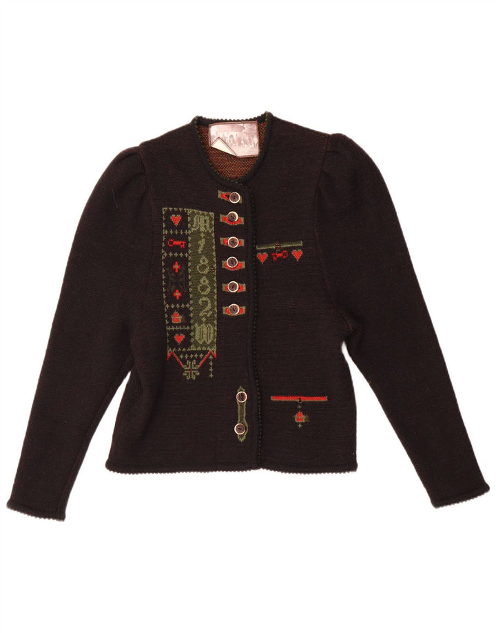 Vintage Kvinde grafisk cardigan sweater IT 44 Medium Brun Geometrisk Uld