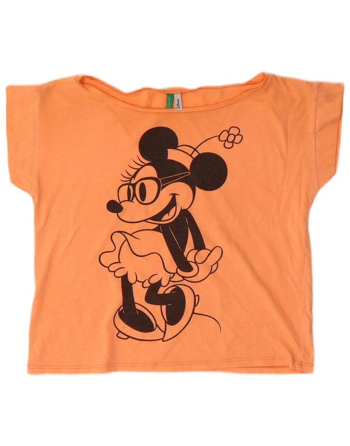 BENETTON Dame Mickey Mouse Crop Grafisk T-Shirt Top UK 14 Medium Orange