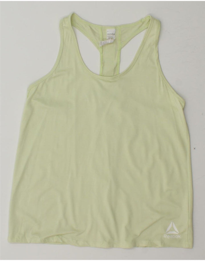 REEBOK Womens Graphic Vest Top UK 14 Medium Yellow Polyester Vintage Reebok and Second-Hand Reebok from Messina Hembry 
