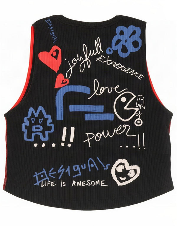 Desigual Womens Crop Abstrakt mønster grafisk vest top UK 14 Large Black