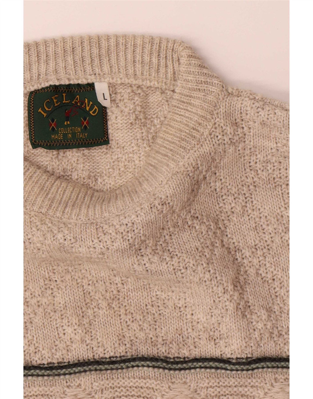 Island Herre rund hals sweater stor beige stribet uld