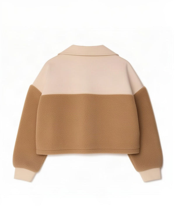 Zara Womens Crop Oversized Fleecejakke UK 6 XS Beige Colourblock