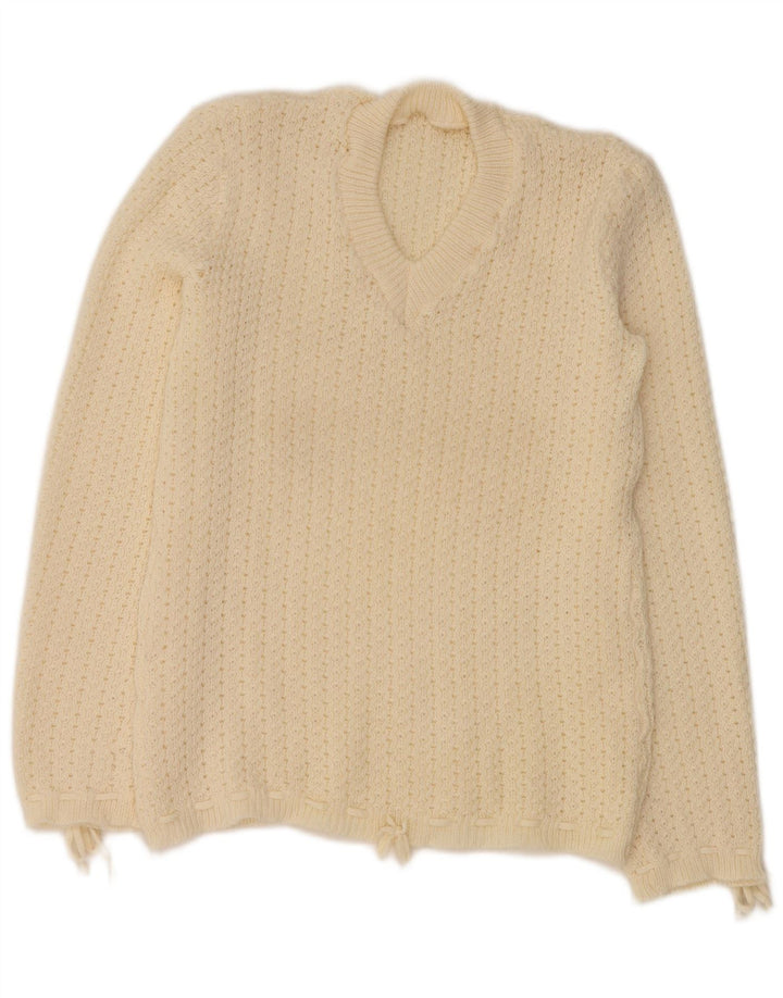 VINTAGE Dame V-hals sweater UK 12 Medium Off White