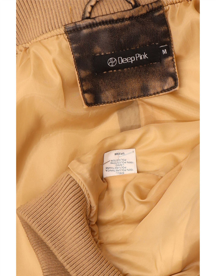 Vintage Kvinders Crop Faux Leather Bomber Jacket UK 14 Medium Brown