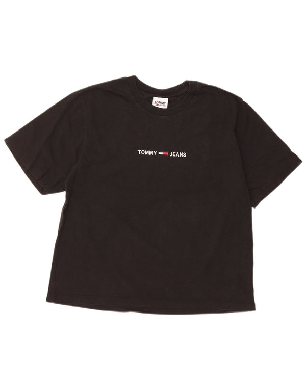 TOMMY HILFIGER Dame Crop Grafisk T-Shirt Top UK 10 Small Black Bomuld