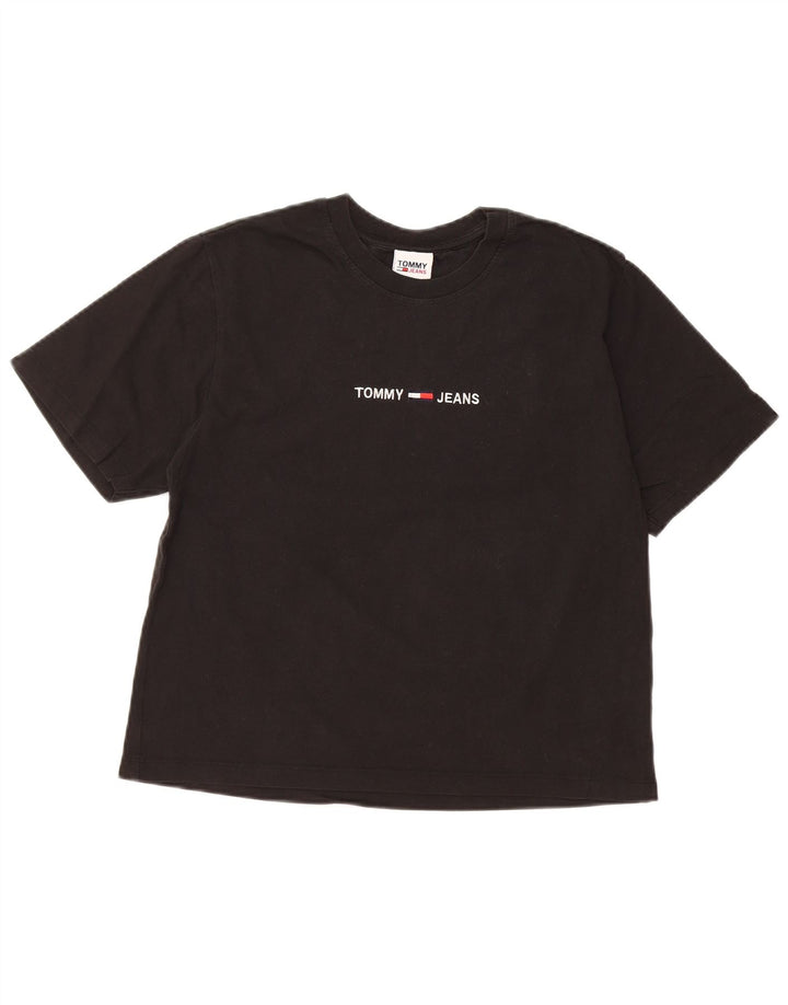 TOMMY HILFIGER Dame Crop Grafisk T-Shirt Top UK 10 Small Black Bomuld