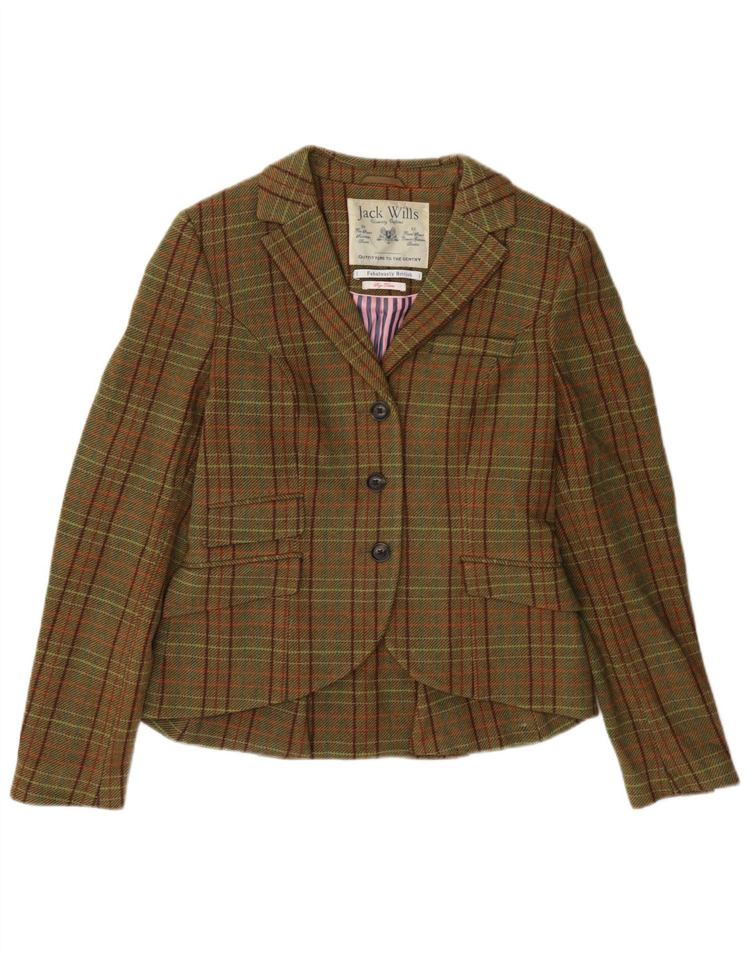 Jack Wills Dame 3 Button Blazer Jacket UK 12 Medium Green Check Wool