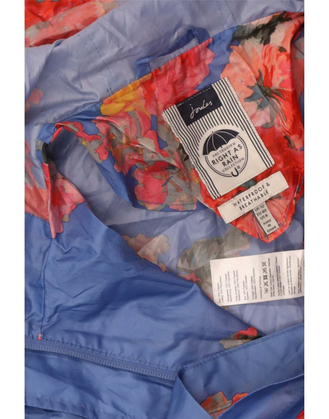Joules Regnfrakke med hætte til kvinder UK 12 Medium Blue Floral Polyester