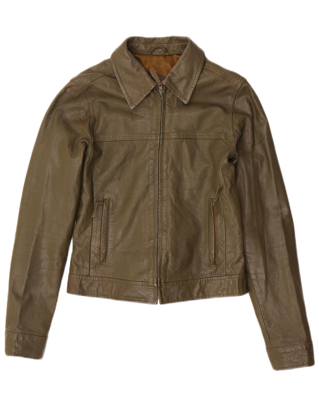 Zara Dame Trafaluc Crop Læderjakke UK 12 Medium Khaki Læder
