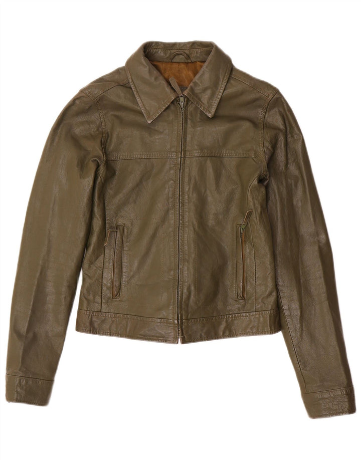Zara Dame Trafaluc Crop Læderjakke UK 12 Medium Khaki Læder